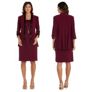 R&M Richards Two-Piece Banded Glitter Velvet Jacket and Dress Set in Plum Purple